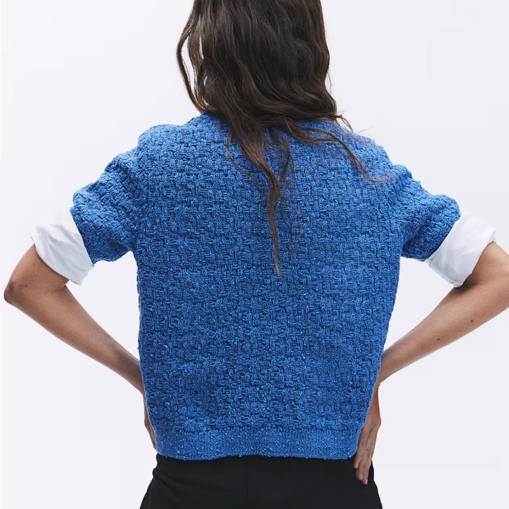 Blue Textured Knit Cardigan - Picture 4 of 6